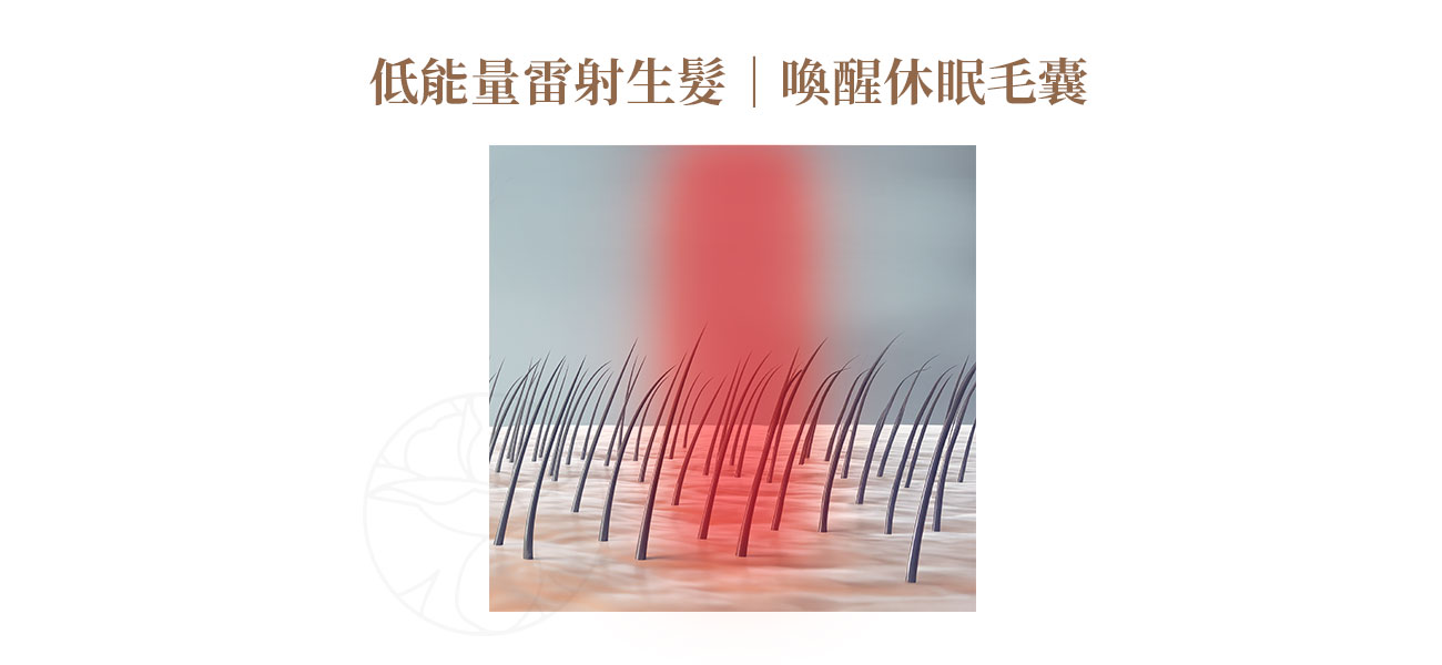 利用低能量雷射（Low-level laser therapy, LLLT）照射頭皮。 LLLT 能刺激毛囊細胞中的粒線體，產生更多能量分子 ATP（腺苷三磷酸），這是細胞的「燃料」。