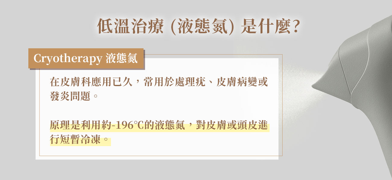 低溫治療（Cryotherapy，液態氮）在皮膚科應用已久，常用於處理疣、皮膚病變或發炎問題。   原理是利用 約 -196℃ 的液態氮，對皮膚或頭皮進行短暫冷凍。