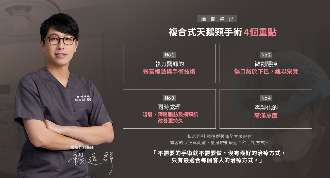 No1 執刀醫師的 豐富經驗與手術技術  No2 切口隱痕 微創藏於下巴，難以察覺。  No3 同時處理 淺層、深層脂肪及擴頸肌，改善更持久。  No.4 客製化的 高滿意度