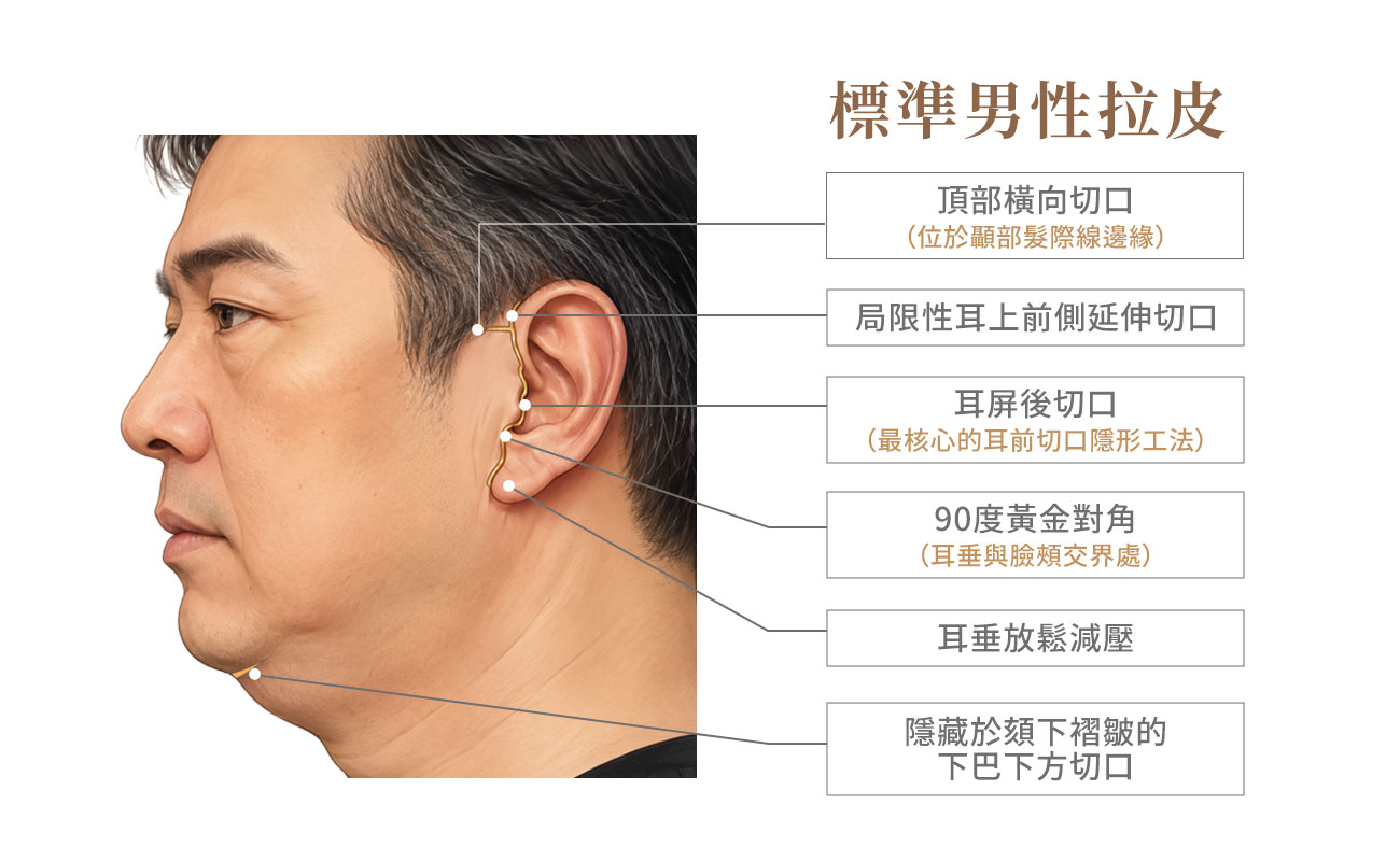 耳前切口＋耳後切口＋下巴下方切口，可以處理臉頰 SMAS、頸部完整結構、嘴邊肉及下顎線，視需要搭配脂肪移植。