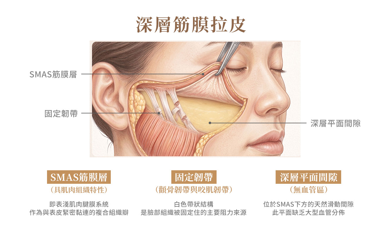 深層筋膜拉皮，直接整塊掀皮膚+脂肪+SMAS 當「一片」同方向一起掀起，適合中重度老化、追求最大化深層拉提者。