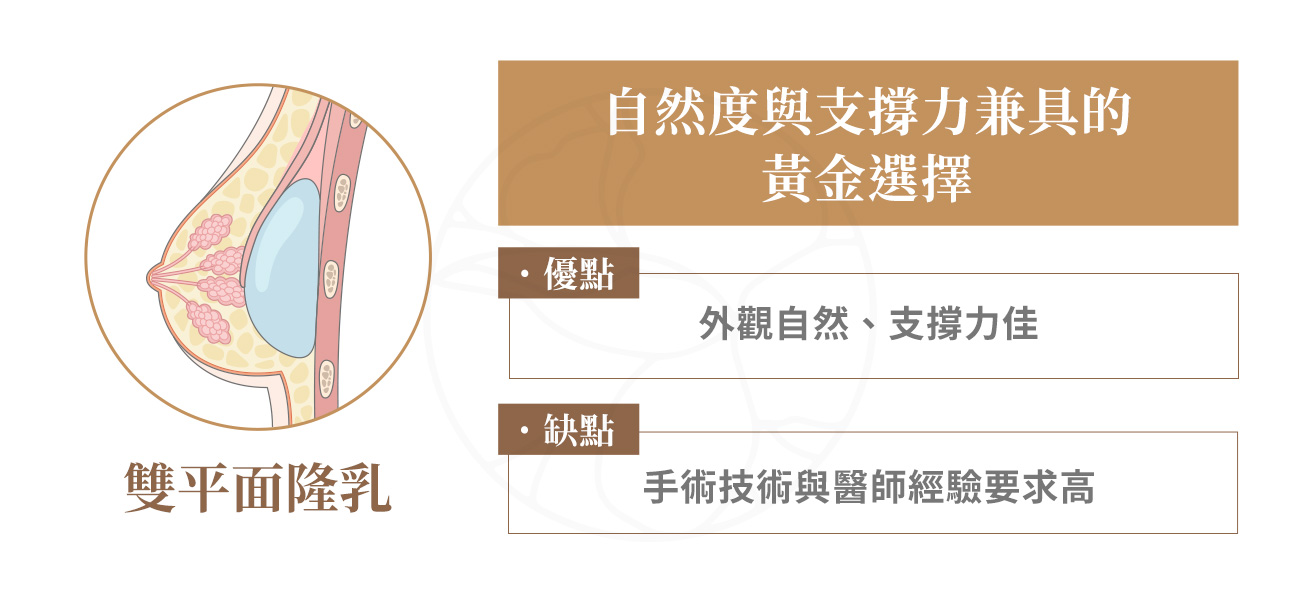 優點：外觀自然、支撐力佳、適合絕大多數術前胸型或輕度下垂。缺點：手術技術與醫師經驗要求高。