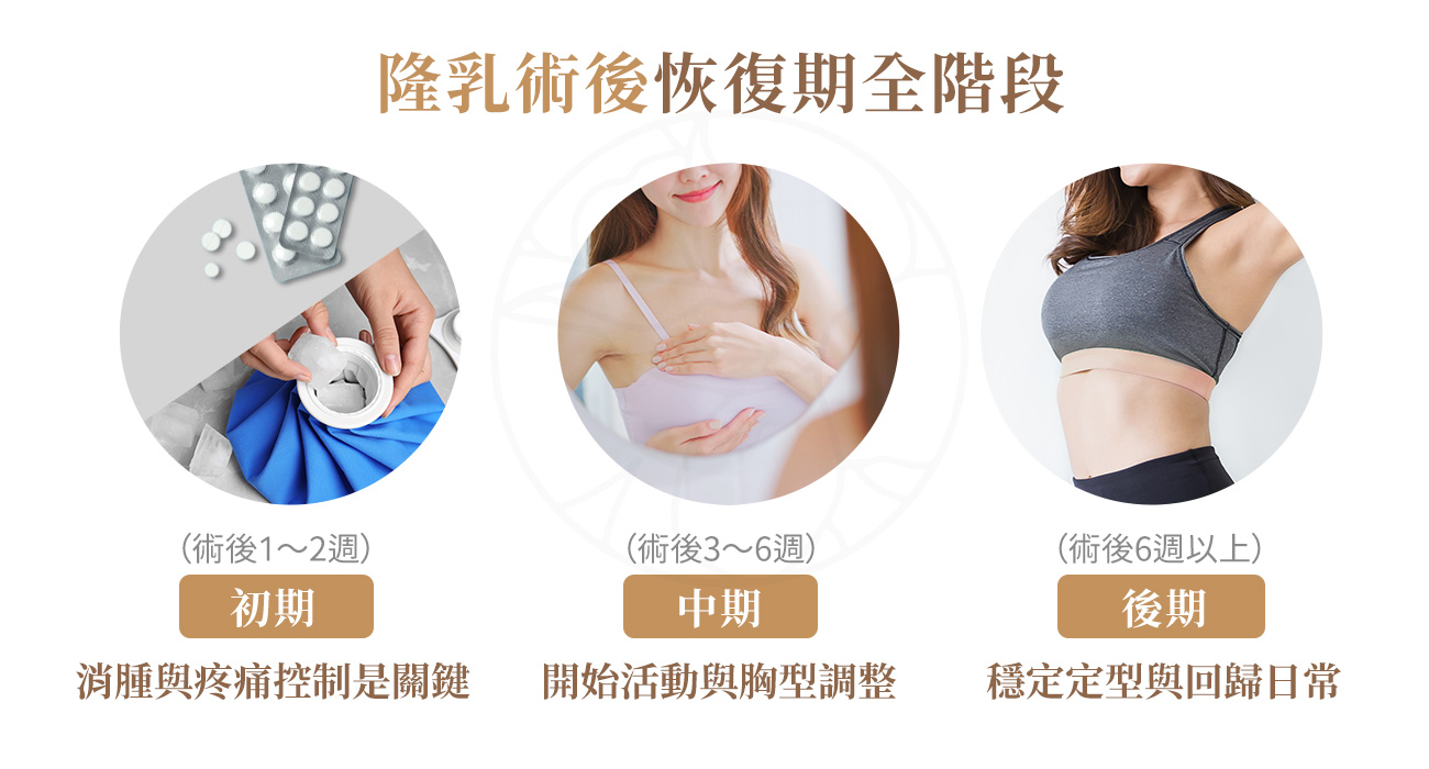 1.初期恢復期（術後1～2週）：消腫與疼痛控制 2.中期恢復期（術後3～6週）：開始活動與胸型調整 3.後期恢復期（術後6週以上）：穩定定型與回歸日常