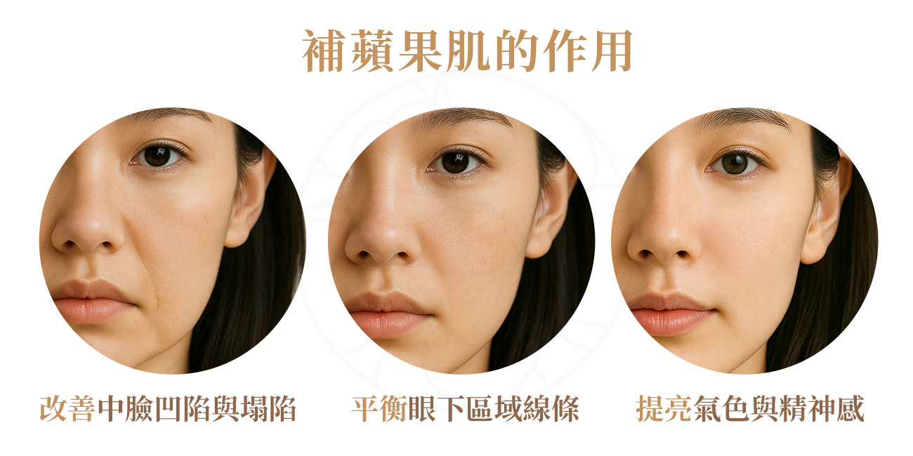 1.改善中臉凹陷與塌陷 2.平衡眼下區域線條 3.提亮氣色與精神感