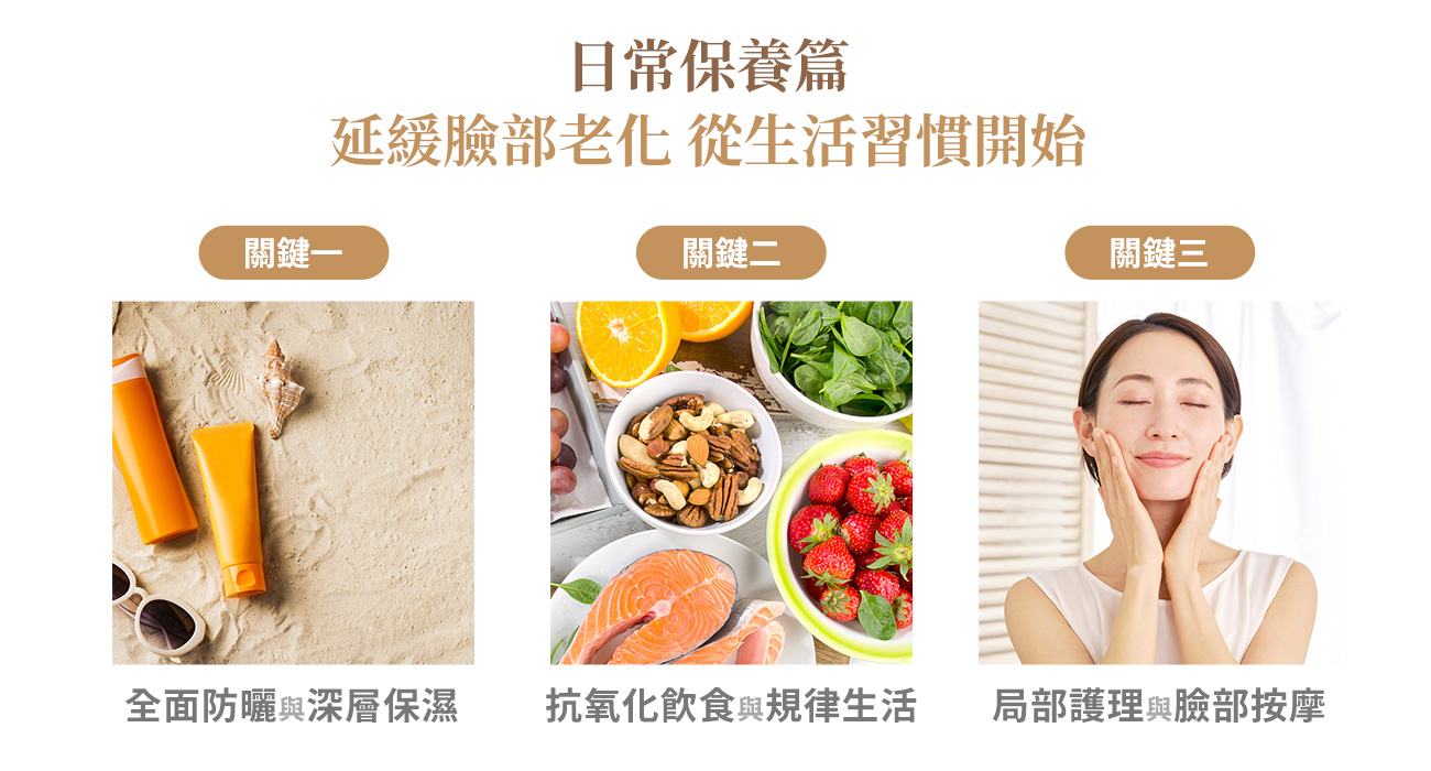 關鍵一：全面防曬與深層保濕 關鍵二：抗氧化飲食與規律生活 關鍵三：局部護理與臉部按摩