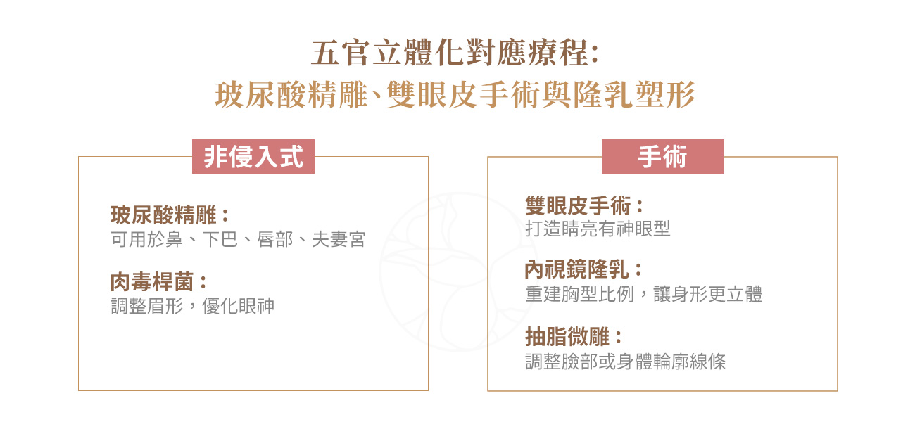 五官立體化對應療程 五官立體化對應療程:玻尿酸精雕、雙眼皮手術與隆乳塑形