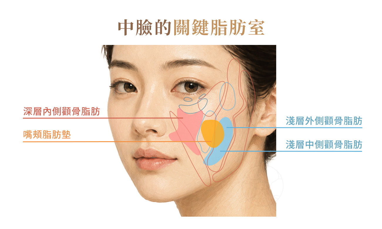 中臉年輕化 4 大脂肪室 中臉年輕化 4 大脂肪室:深層蘋果肌脂肪室(deep medial cheek)、法令紋脂肪室(nasolabial)、高位淺層蘋果肌(high lateral malar)、嘴角下方脂肪室(prejowl / oral commissure)