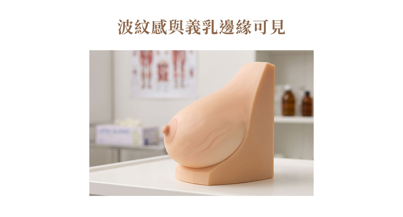 併發症 4:波紋感與義乳邊緣可見(Rippling) 併發症 4:波紋感與義乳邊緣可見(Rippling), 軟組織太薄、義乳放太表淺(筋膜下或乳腺下)、或義乳容積過大時,可能在皮膚表面看到或摸到義乳的波紋與邊緣。
