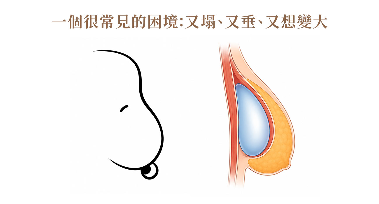 「史努比變形」(Snoopy deformity,像史努比的鼻子) 「史努比變形」(Snoopy deformity,像史努比的鼻子), 上面鼓鼓的是義乳、下面垂垂的是原本組織,兩者明顯分家。