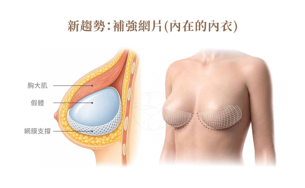 補強網片(P4HB / GalaFLEX):體內「隱形胸罩」新趨勢 補強網片(P4HB / GalaFLEX):一個重要的進展是使用可吸收補強網片來支撐鬆弛的軟組織與義乳,等於在體內裝一件「內在的內衣(隱形胸罩)」。