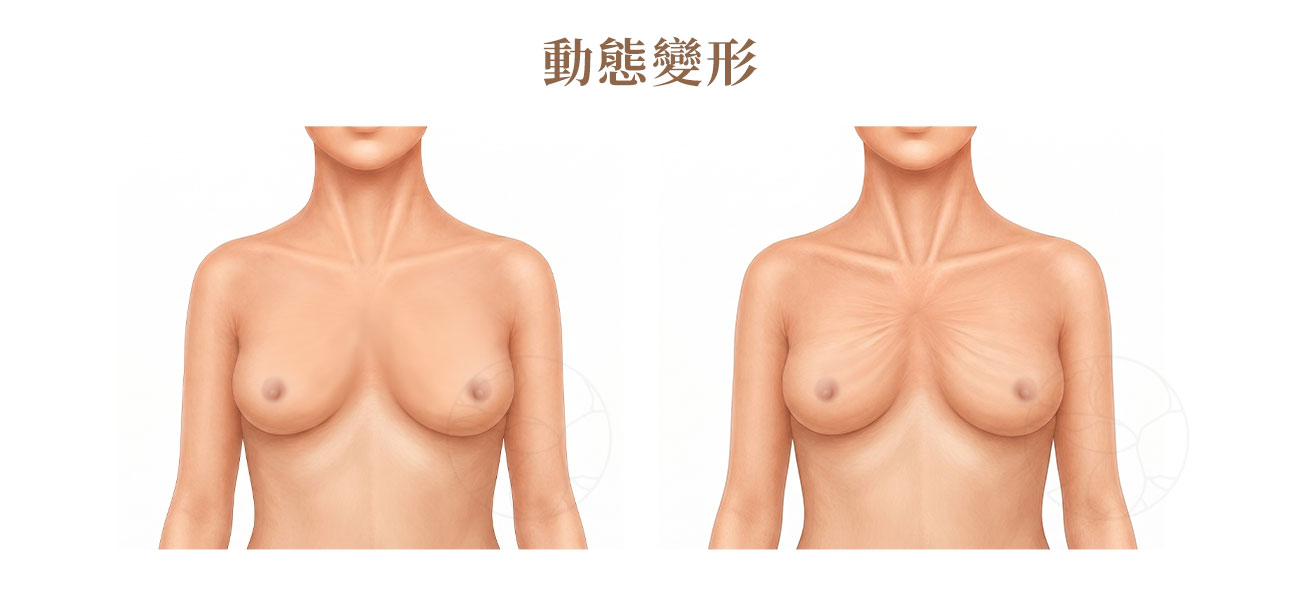 動態變形(Animation Deformity) 動態變形(Animation Deformity)這是義乳放在胸大肌下特有的現象,用力收縮胸肌時(如做重訓、伏地挺身),義乳會被肌肉擠壓而移動、變形。