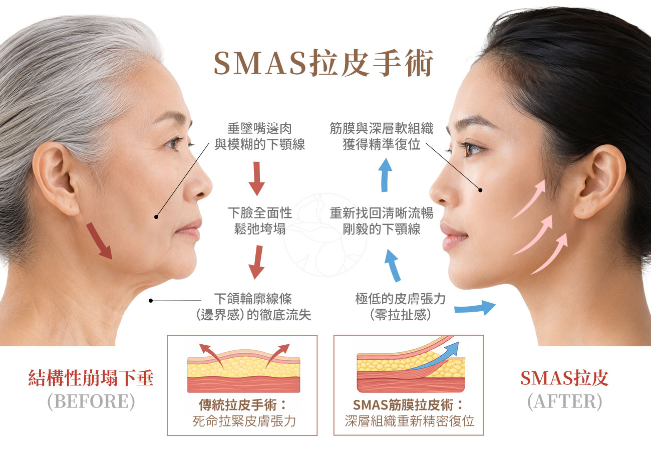SMAS 拉皮是什麼? SMAS 拉皮是什麼? 結構性崩塌下垂造成垂墜嘴邊肉、模糊下顎線。SMAS筋膜拉皮,將筋膜與深層軟組織獲得精準復位,極低的皮膚張力,幫助找回俐落的下顎線。